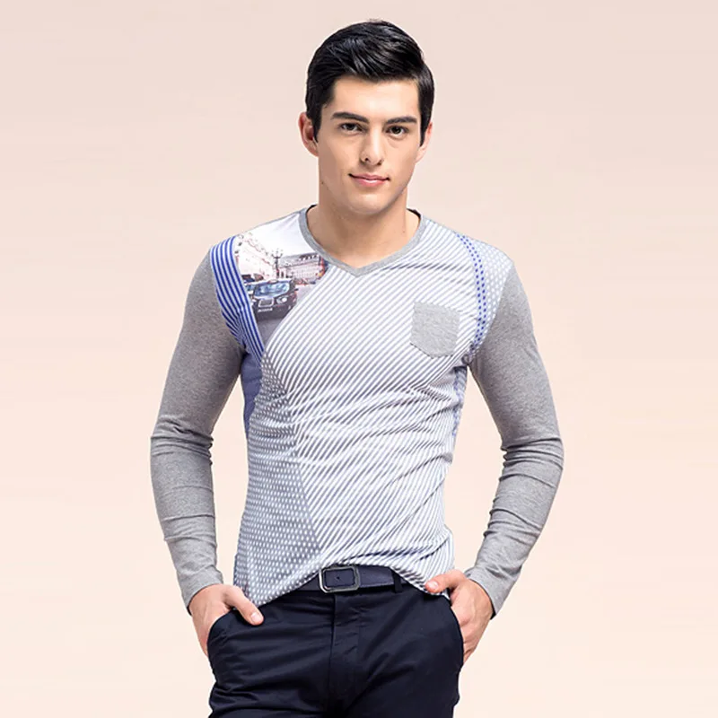 

2019 spring hot selling men's wear fashion print V collar thin long sleeved T-shirt