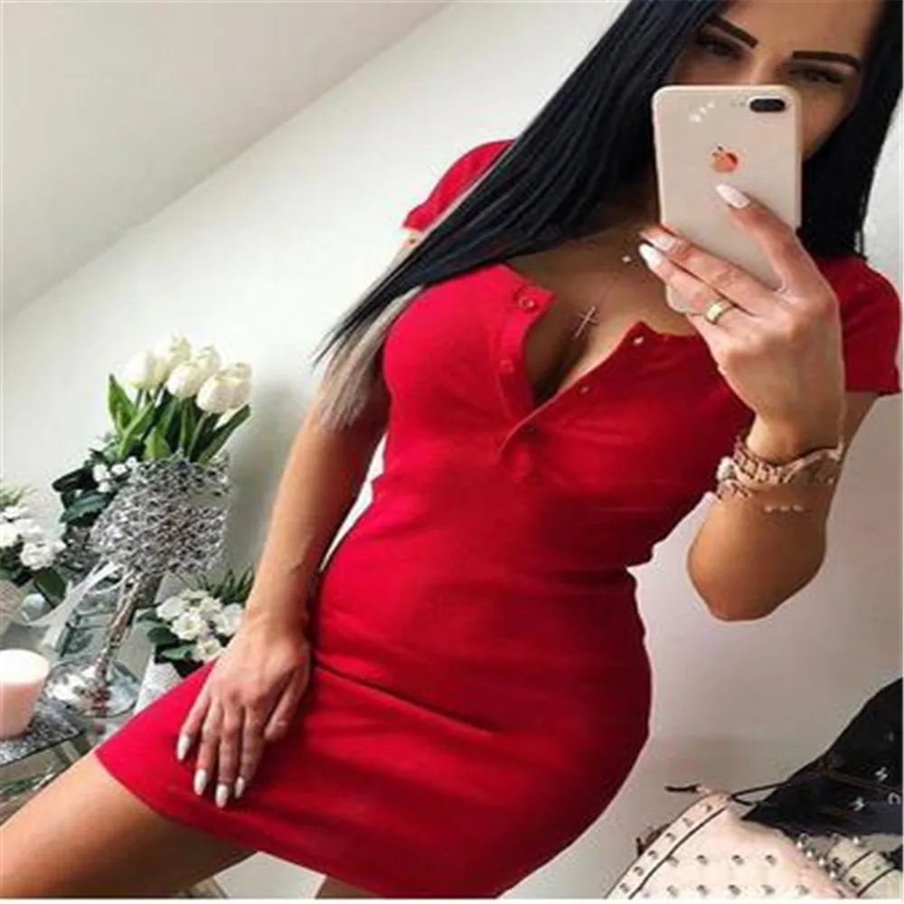 Summer Dress 2019 Fall Women Sexy Casual Knit Sheath Mini Dresses Ladies Solid V Neck Chest Button Short Sleeve Bodycon | Женская одежда