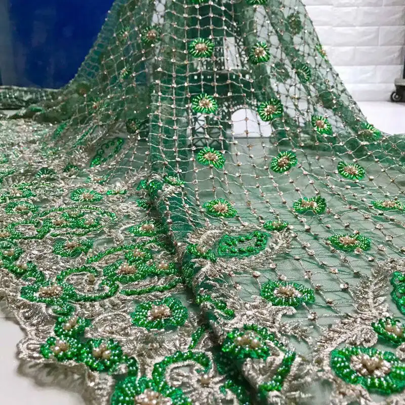 5 yards handmade green french lace African tulle fabric for garment sewing high quality with lots of beads sequin RG604 | Дом и сад