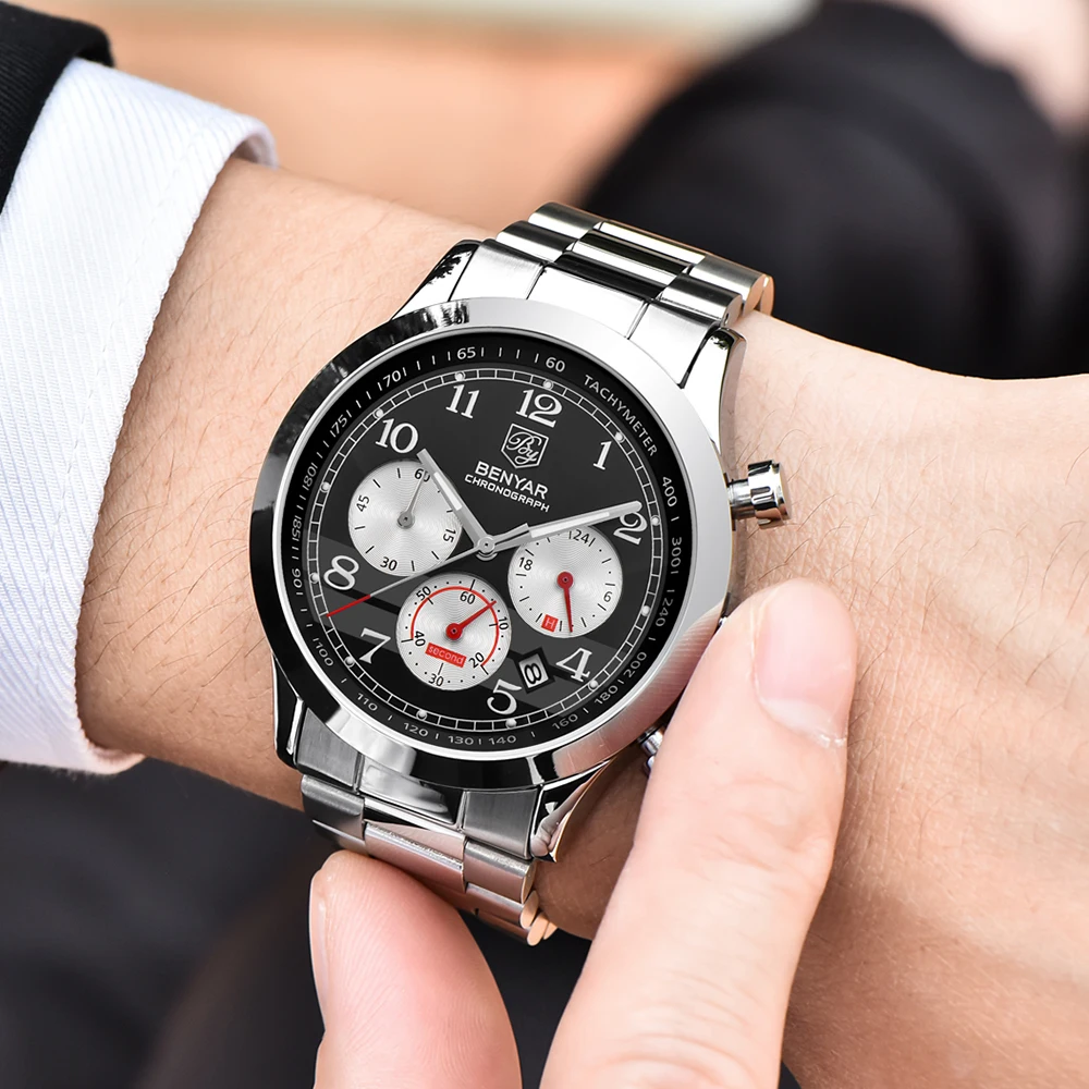 BENYAR серебро montre pour homme Mode спортивные кварцевые часы Top Marque De Luxe поверенные Relogio