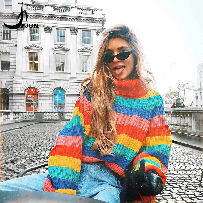 FJUN Winter Rainbow turtleneck sweaters women 2018 jumpers knitted clothes fashion colorful striped one size pullover female top | Женская