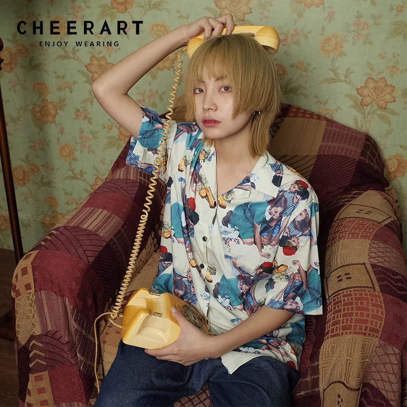 Женская блузка с коротким рукавом Cheerart уличная летняя принтом и отложным