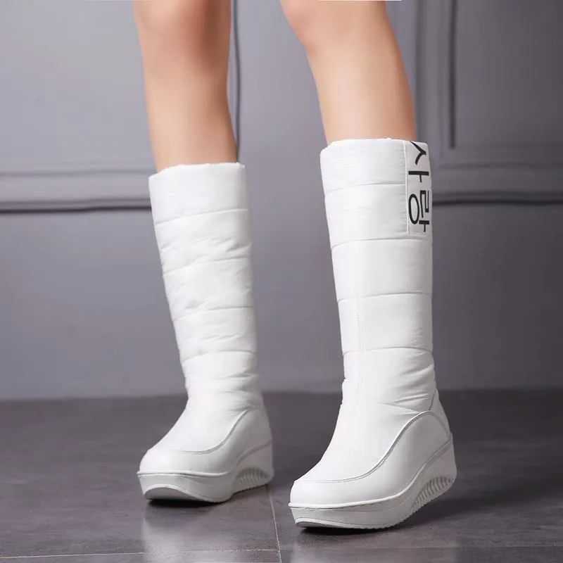 MEMUNIA/женские зимние ботинки, Размеры 35-44 женские зимние ботинки на танкетке, без шнуровки ботинки до середины икры с мехом внутри Женская милая хлопковая обувь
