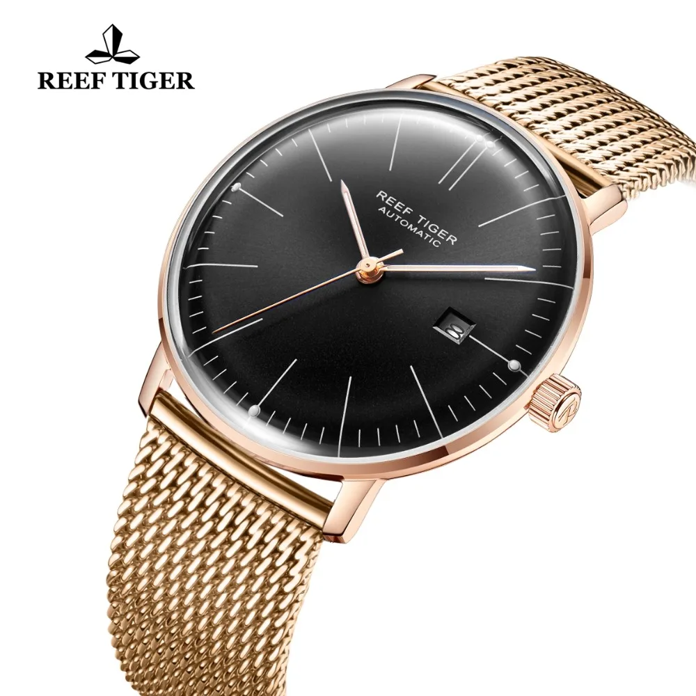 Reef Tiger/RT лучший бренд Роскошные мужские часы розовое золото ультра тонкие автоматические механические часы Календарь Водонепроницаемые RGA8215