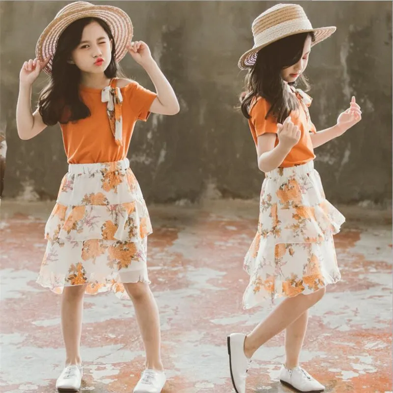 

Kids Summer Clothes Sets Girl Outfit Short Sleeve Strapless Flower Printed Children Clothing Set T Shirt and Skirt for 4-12 Year