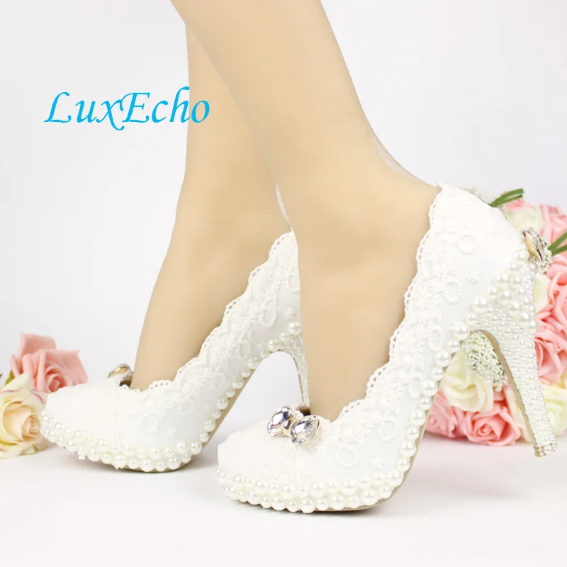 Womens white lace pearl wedding shoes woman bridal party dress shoes platform shoe high heels Pumps zapatos mujer