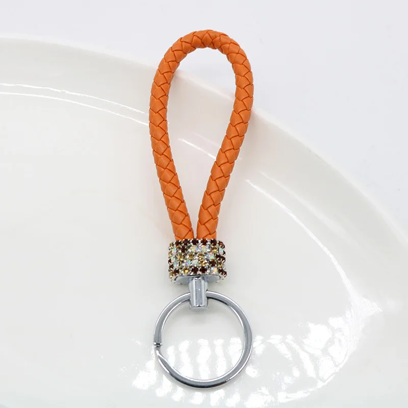 Творческий брелок из кожи с кристаллами Rhinestone, связанный в плетеную шнурок, женский брелок для сумки, металлические брелки для ключей, кольца для талии для мужчин, оптовая продажа.