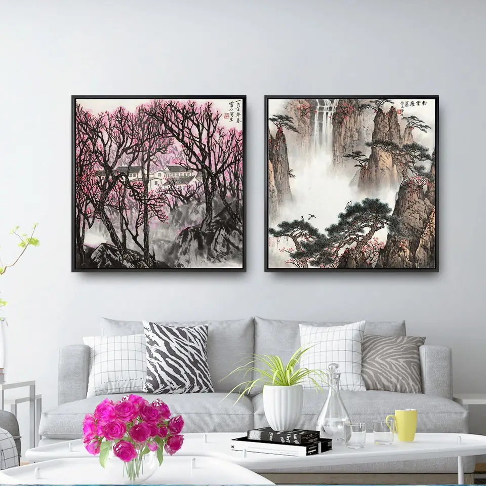 Декоративная живопись для дома. Печать на холсте, картина на стену, квадрат, масло, без рамы, рисунок китайской ландшафтной живописи для спальни.