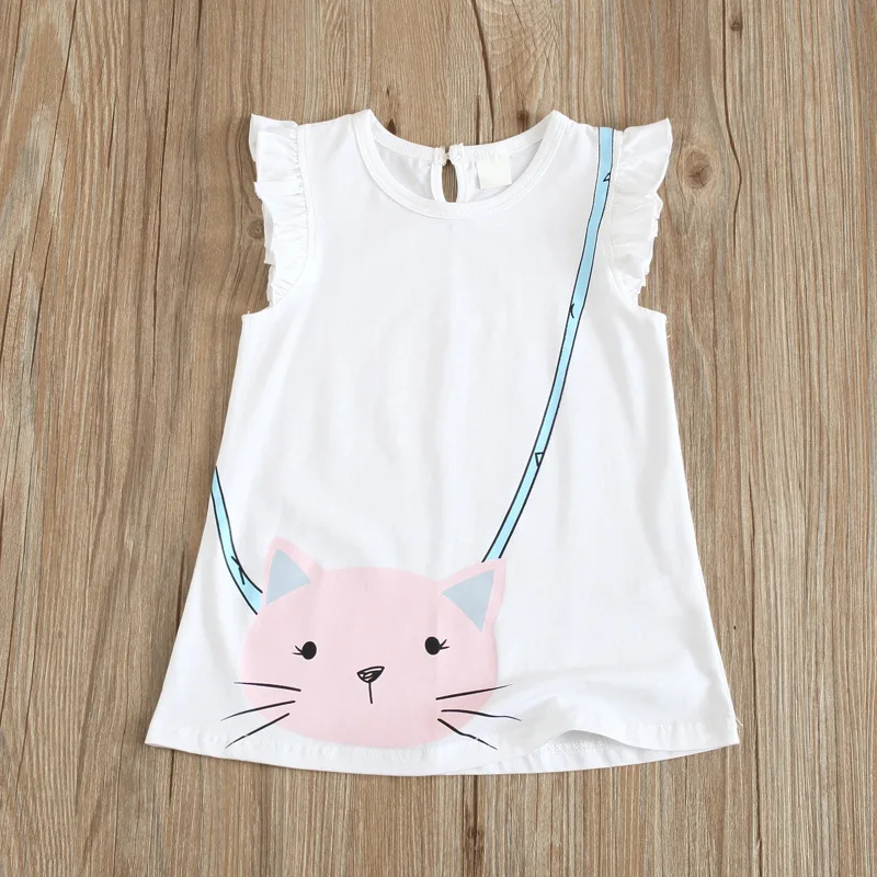 Summer children's wear wholesale girls cartoon big face cat backpack printed dress small flying sleeves cotton | Детская одежда и
