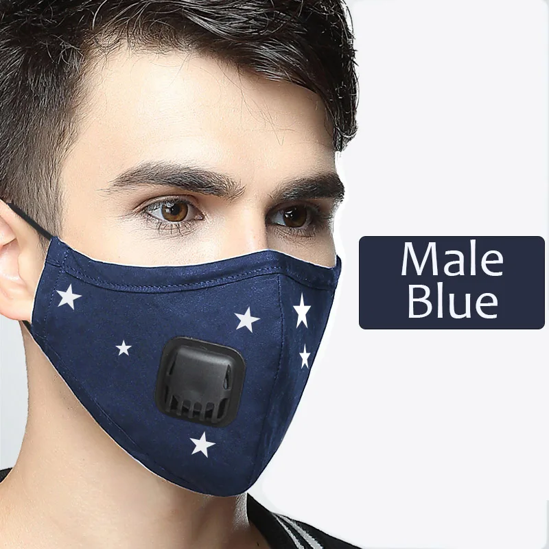 Male Blue PM2.5 противопылевые маски хлопок моющийся дыхательный клапан рот маска Активированный уголь фильтр рот муфельной бактерии доказательство маски для лица для защиты от гриппа - Цвет: Male Blue