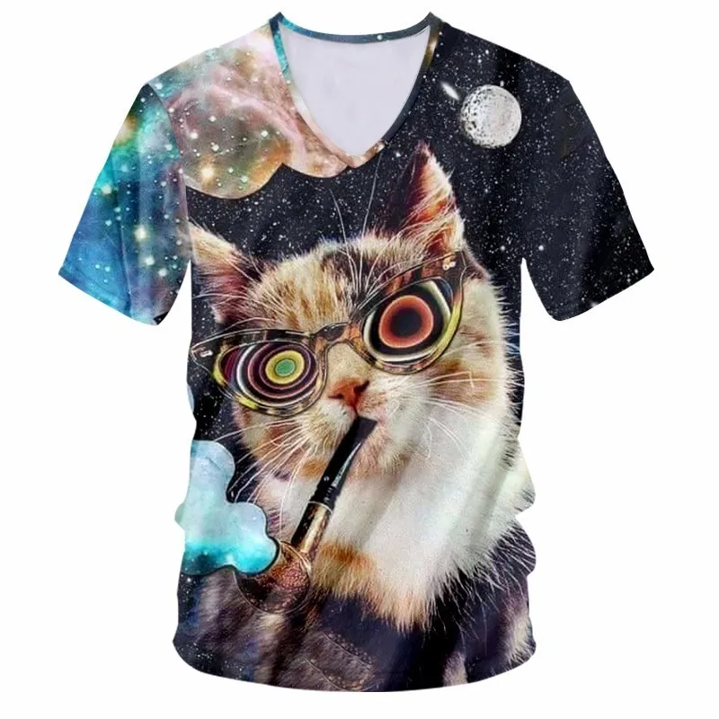 OGKB Мужская футболка с V образным вырезом Забавный принт животными кошкой 3D - Фото №1