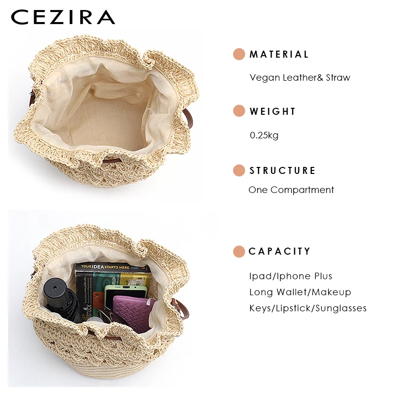 

CEZIRA Drawstring Straw Bags for Girl Women Casual Bohemian Barrel Bucket Woven Beach Holiday Hollow Out Shoulder&Messenger Bag