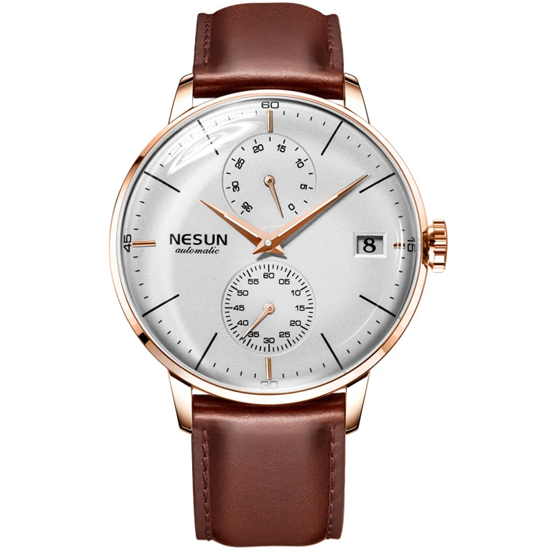 Leather-RoseGold NESUN Роскошные Брендовые мужские автоматические механические часы мужские модные повседневные наручные часы, натуральная кожа мужские часы Relogio Masculino - Цвет: Leather-RoseGold