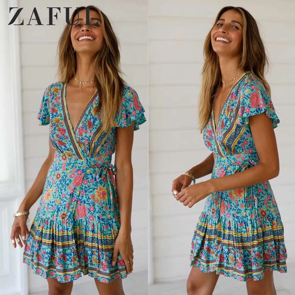 ZAFUL Летнее платье с цветочным принтом Повседневная V образным вырезом коротким