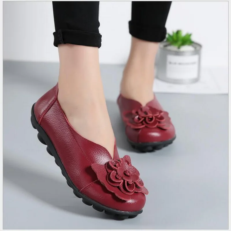 Spring Autumn Women Loafers Genuine Leather Flat Shoes Ballet Flats Round Toe Comfortable Casual Women Shoes Plus Size #35-44