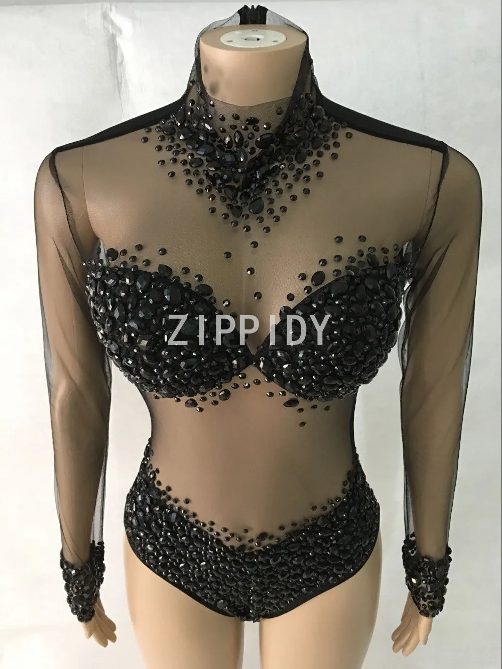Fashion 6 Colors Stones See Through Bodysuit long Sleeves Stretch Sexy Perspective Performance Celebrate luxurious Dance outfit | Женская