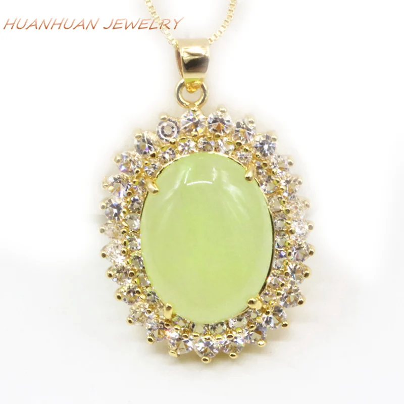 Natural Green Stone Jades Pendant Gold-Color Copper Zircon Chain Necklace For Women 28x37mm Chalcedony Pendants Jewelry B3314 | Украшения и