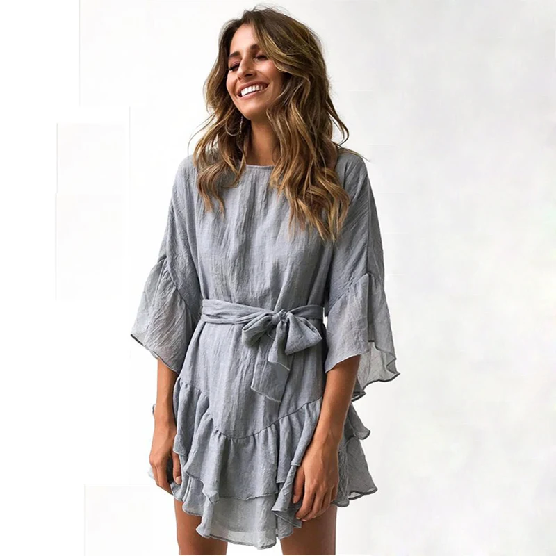 ELSVIOS Women Spring Ruffles Three Quarter Sleeve Mini Dress Elegant Casual O-neck Sashes A-Line Bow Tie Up Summer Beach Dresses | Женская