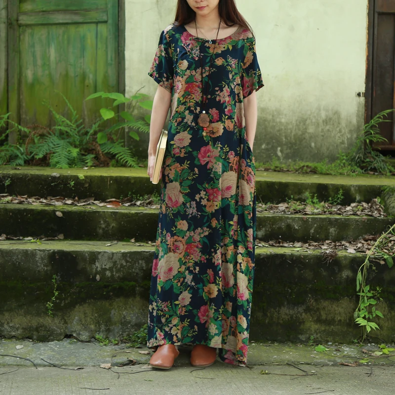 LZJN оригинальный до пола с короткими рукавами летнее платье из хлопка и льна халат