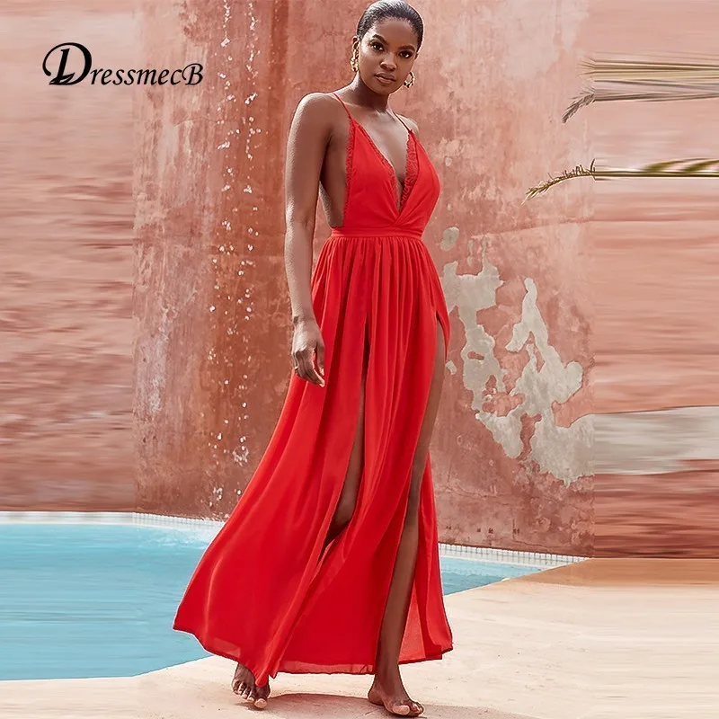 DRESSMECB красное сексуальное платье с открытой спиной женское элегантное длинное