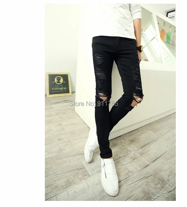 Мужские рваные джинсы в стиле панк Белые Повседневные облегающие черные с