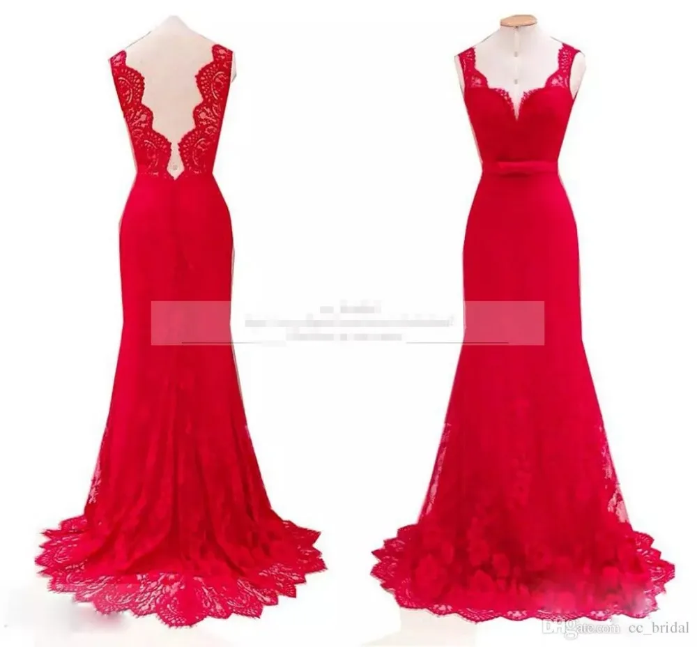 2017 Sexy Red Вечерние Платья Кружева Аппликация Sheer V шея Арабский Пром Оболочка Vestidos De