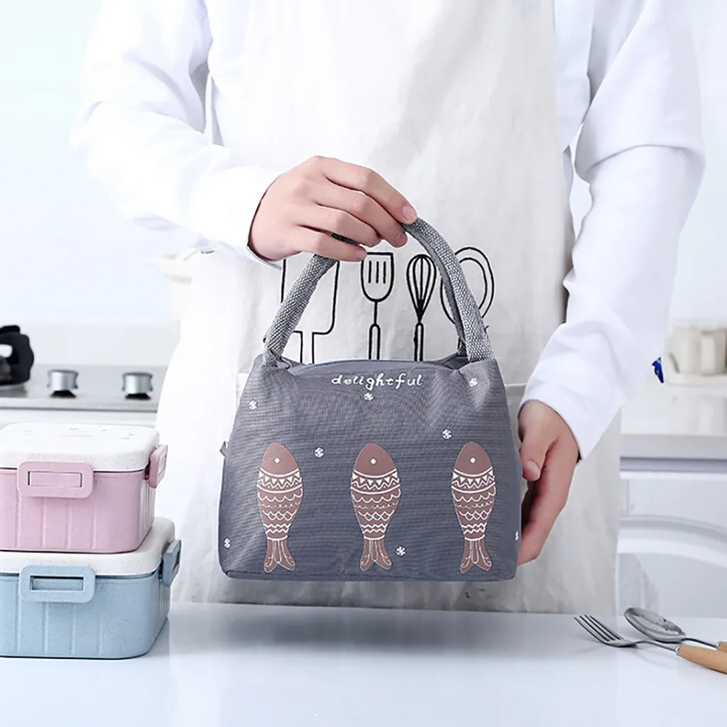 New Portable Lunch Bag for Kids Women Cartoon Fish Pattern Insulation Box Waterproof Canvas Picnic Travel Storage Tote | Дом и сад