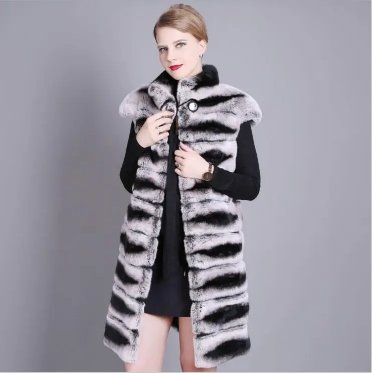 90CM Women Real Rex Rabbit Fur Vest Stand Collar Natural Chinchilla Color Waistcoat Sleeveless Jacket | Женская одежда