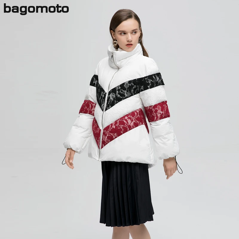 Женская парка с кружевом Bagomoto толстая свободная Зимняя модная теплая куртка для