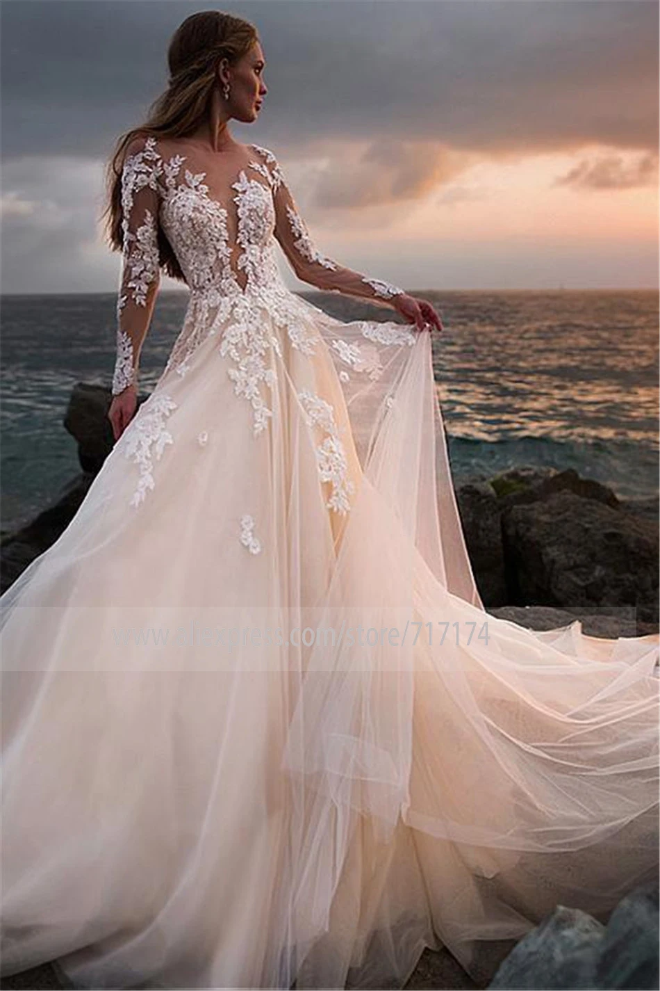 Scoop Tulle Neckline Full Sleeves Soft A-line Wedding Dress with Applique Illusion Button Back Court Train Bridal | Свадьбы и