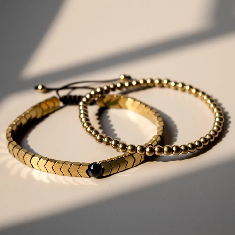 Gold set Мужской набор Гематитовых браслетов, Европейский Плетеный мужской браслет с макраме, Панк Хип-хоп, крутые мужские ювелирные изделия, подарок Pulseira Masculina - Окраска металла: Gold set