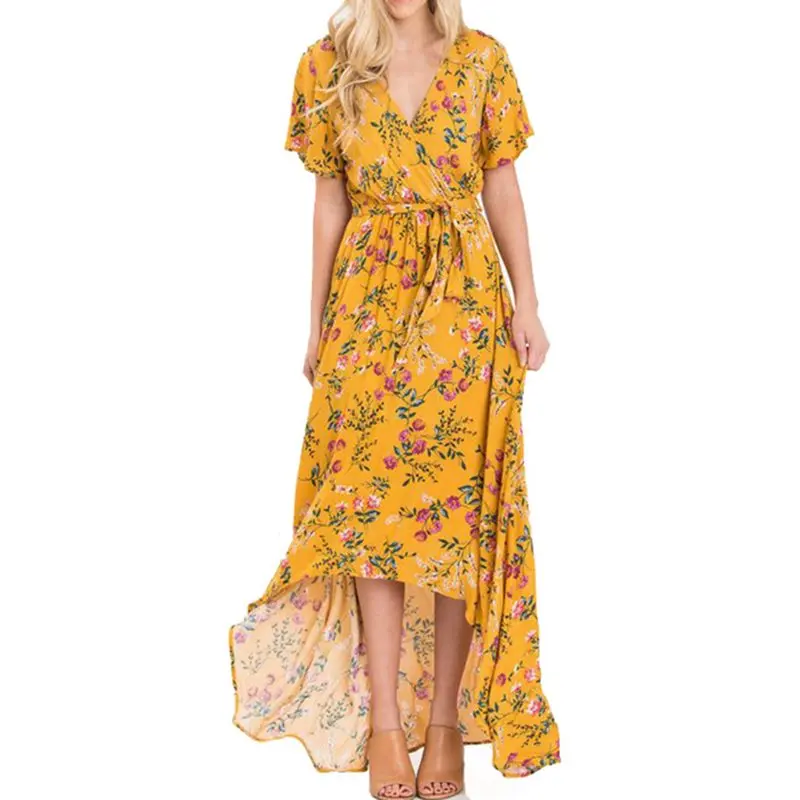 2019 Boho Модное Элегантное макси платье с цветочным принтом женское высокой талией