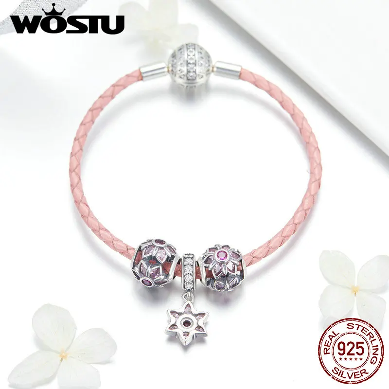 WOSTU Новое поступление 925 стерлингового серебра розовое цветение персика бусины