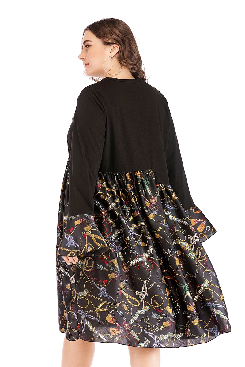 

XL-4XL 2019 Autumn Plus Size Women Dress Casual Floral Print Loose Midi Dress Large Size XL-4XL Chiffon Vintage Patchwork Dress