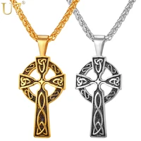 u7 cross irish knot necklace for men stainless steel triquetra viking triple horn of odin jewelry necklace pendant p754