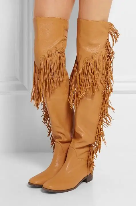 

Big Size Brand Choudory Women Fashion Solid Brown Black Buckle Tassel Fringed Over The Knee Thigh Boots Flat Long Boots