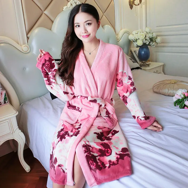 Длинный банный халат женский фланелевый зимний длинный рукав толстый теплый