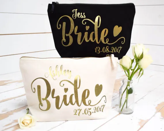 

personalize save the date wedding bride Bridesmaid Makeup Gift Make Up comestic Bags pouches flower girl Bridal Party purses