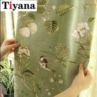 rustic green color leaves curtains for living room kitchen door linen birds printed partition window drapes home decor p145d3