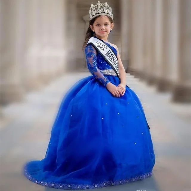 

Royal Blue One Shoulder Flower Girl Dresses Beading Long Sleeves Little Girls Pageant Dresses With Applique for Wedding Party