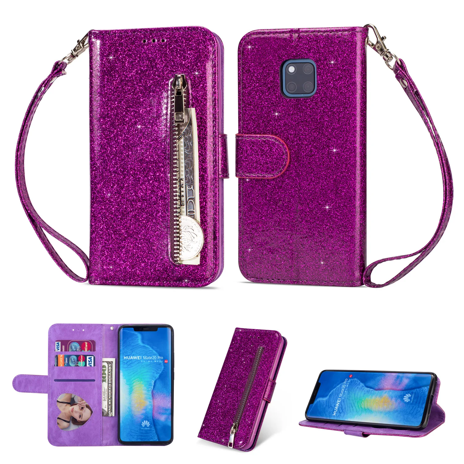 Purple Роскошный чехол сверкающий с блестками для huawei Y7 Y6 Prime P Smart Plus mate 20 10 P30 P20 Pro Lite кожаный кошелек на молнии откидной Чехол для карт - Цвет: Purple
