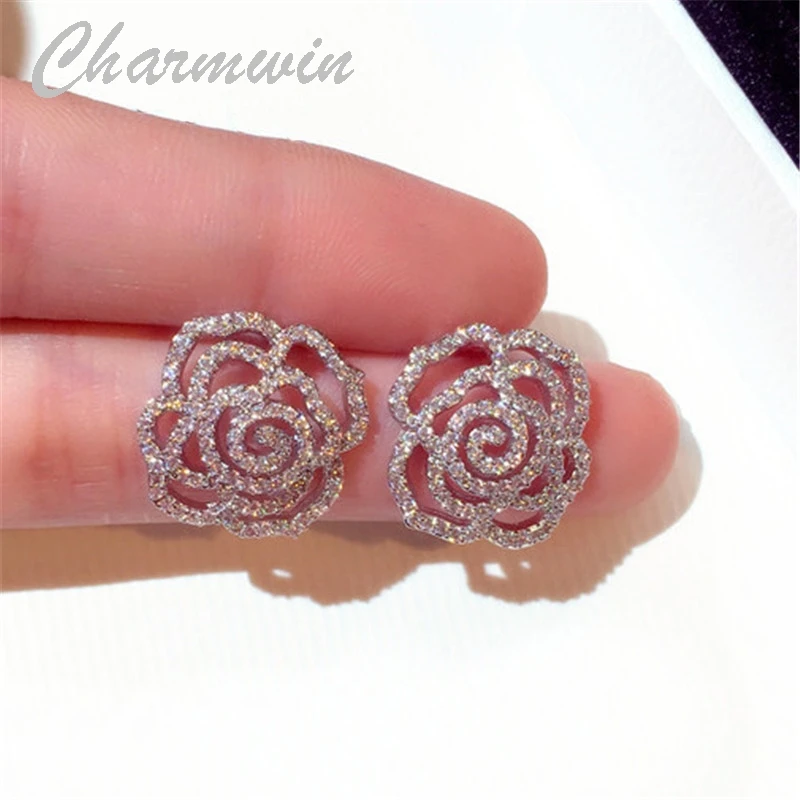 Charmwin New Stud Earrings For Women Earrings Exquisite Rhinestone Flower Earrings Women Gift Fashion Jewelry