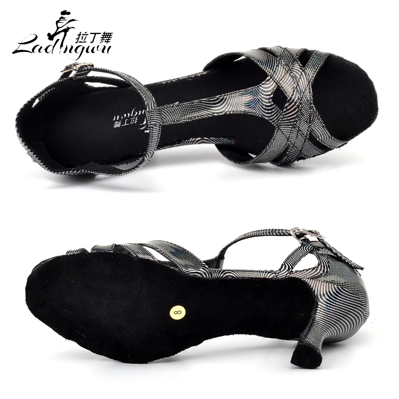 Ladingwu New Discolored texture PU Women's Latin Dance Shoes Salsa Black Soft Bottom Balltoom Sandals Heel 6/77.5/8.5/10cm | Спорт и