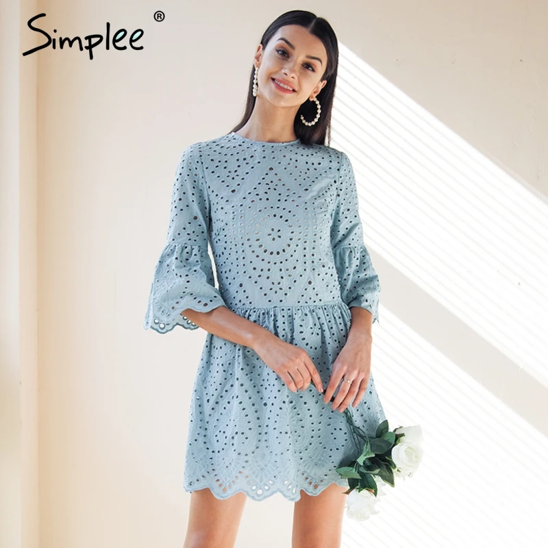 Simplee хлопок кружевное с вышивкой мини платье Женщины Кнопка рюшами повседневные