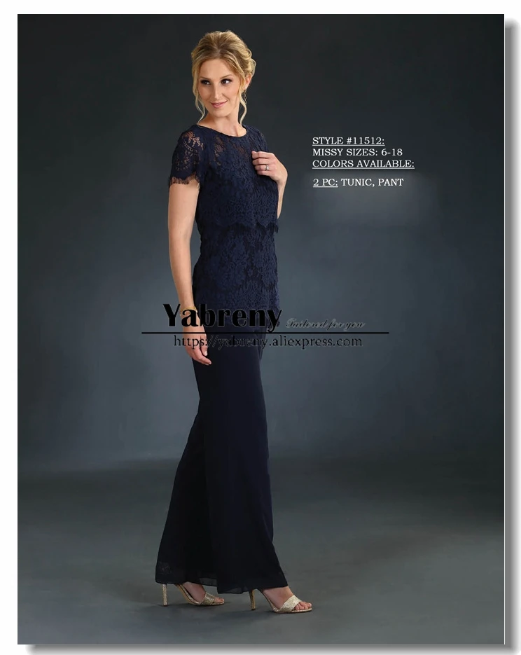 

Mother of the bride pant suits Lace top and chiffon trousers Navy