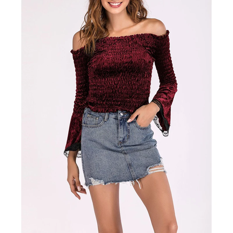 Women Velvet Lace Blouse Spring Off Shoulder Long Sleeve Slim Shirt Casual Solid Ladies Blusas Tops Female SJ764S |