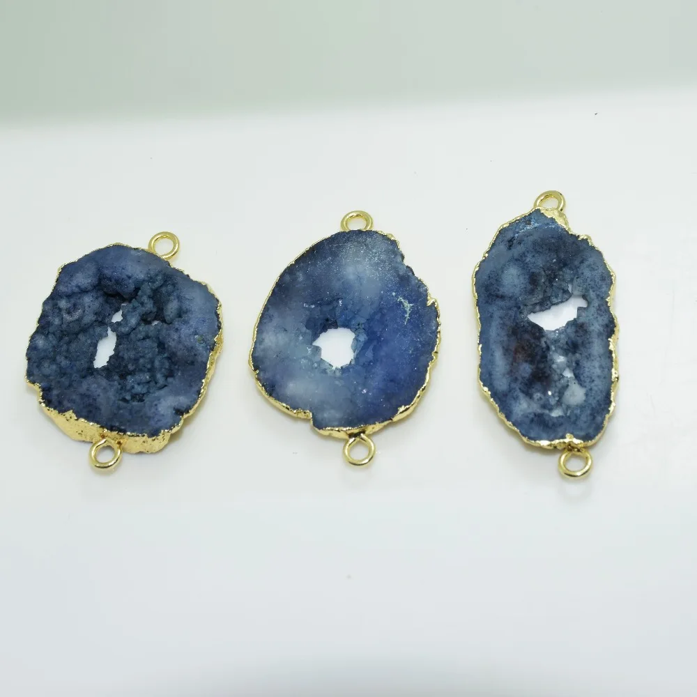 

Raw Blue slice natural stone quartz connector for jewelry making druzy quartz with hole gold bezel electroplated geode pendant