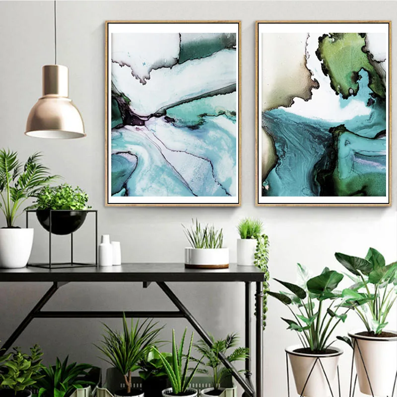 

3 Pieces Ink Wash Wall Art Modern Canvas Painting Marble Green Poster Abstract Art Chinese Pictures For Living Room Decor