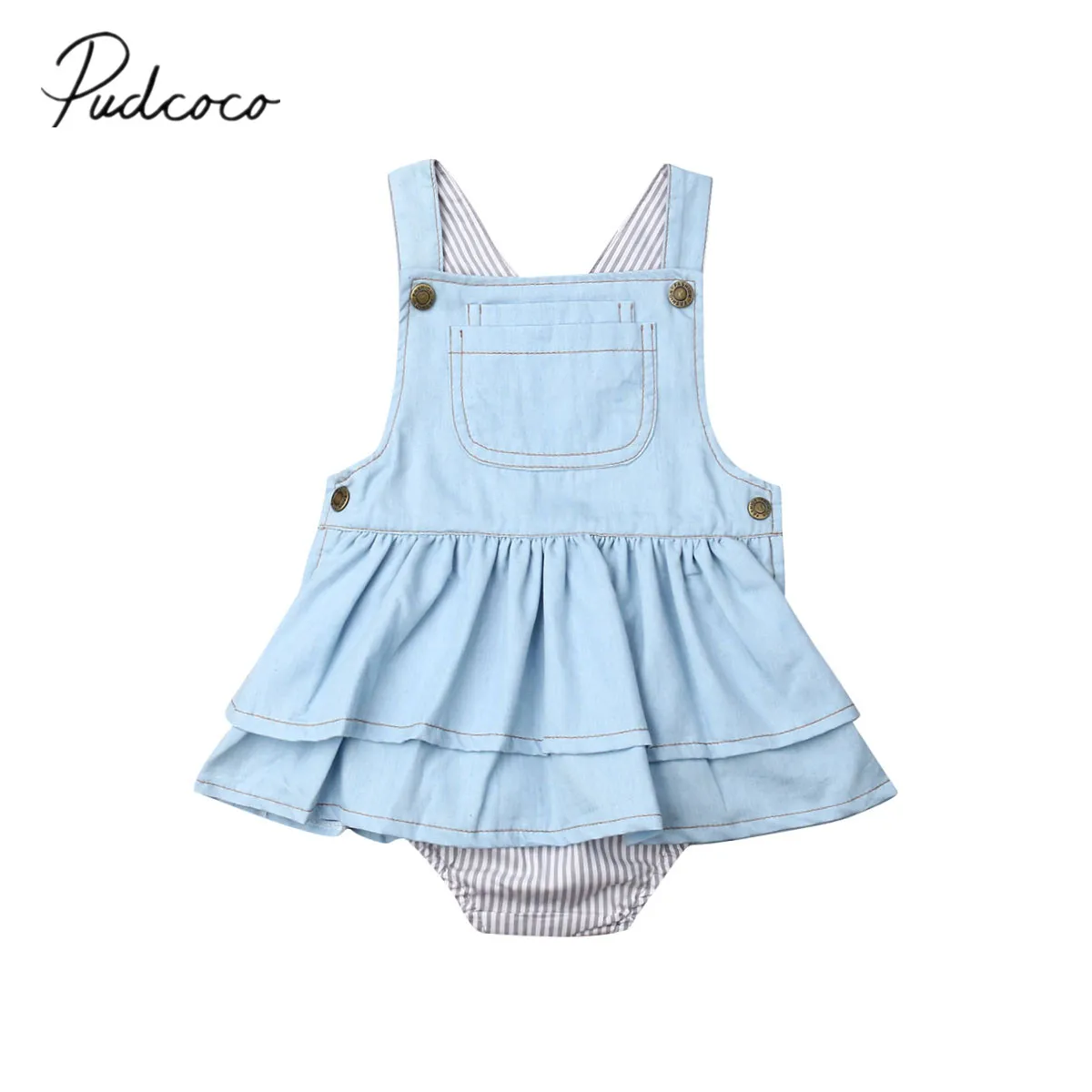 Baby Summer Clothing 0-4Y Infant Kids Baby Girls Layered Bodysuit Suspender Denim Jumpsuit Blue Sleeveless Striped Outfits