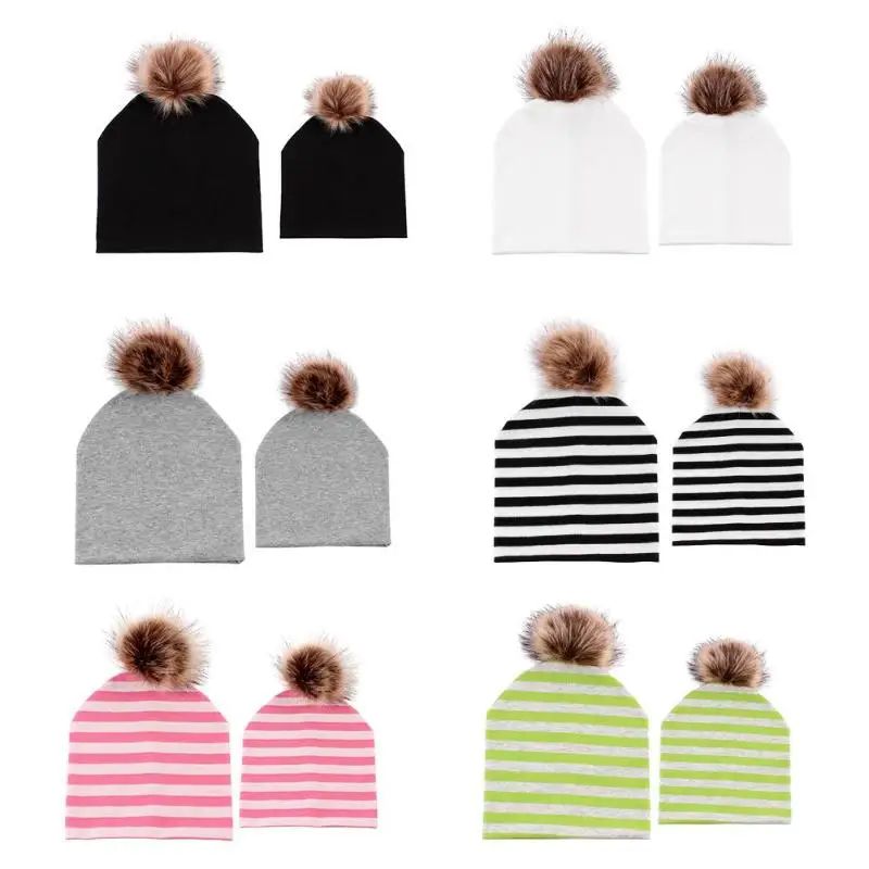 2pcs/Set Family Matching Hat for Mom Kids Knitted Newborn Baby Winter Beanie CapSoft Children Pompon Decor Ball Caps | Детская одежда и
